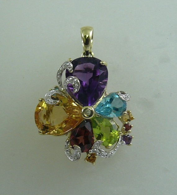 Multi-Color 7.18ct Gemstone Pendant, 14K Yellow Gold & Diamonds 0.05ct