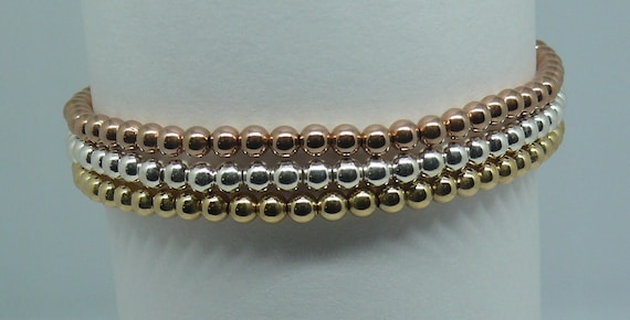 3mm 14K Yellow, Rose Gold Filled & Silver Beaded Stackable Bracelets 6.5"