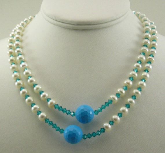 Freshwater White, Blue Beads and Austrian Crystal Necklace and Bracelet, Silver Lock