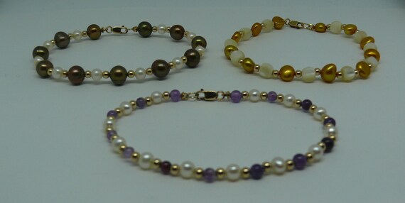 Freshwater Pearl and  Semi-Precious III Bracelet Set, 14k Gold Filled Beads & Clasp