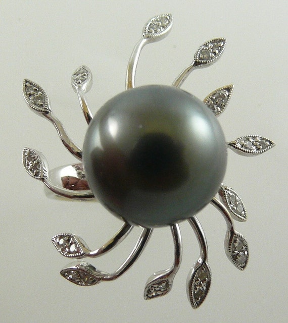 Tahitian Black Pearl 13.3mm Ring, 18k White Gold & Diamonds 0.22ct