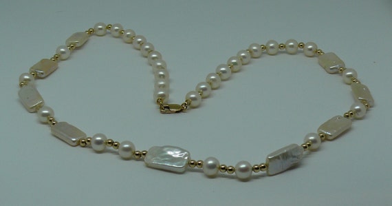 Freshwater White Pearl Necklace, 14k Gold Filled Beads & Lobster Lock