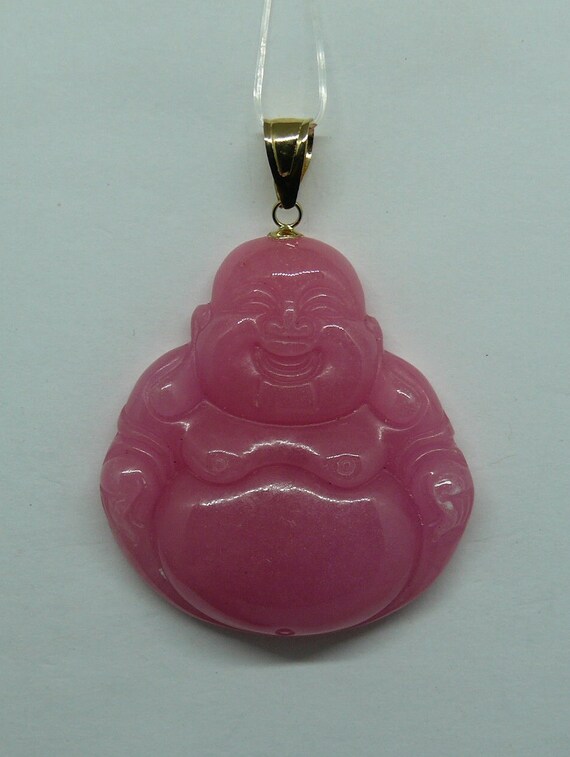 Pink Jade Buddha Pendant 14k Yellow Gold