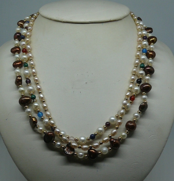 Freshwater Pearls and Semi Precious 3 Necklaces with 14k Gold Filled Beads & Clasp