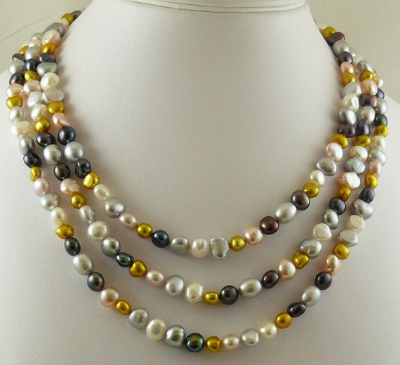 Multicolor Freshwater Pearls Triple Strand Necklace with Sterling Silver Clasp