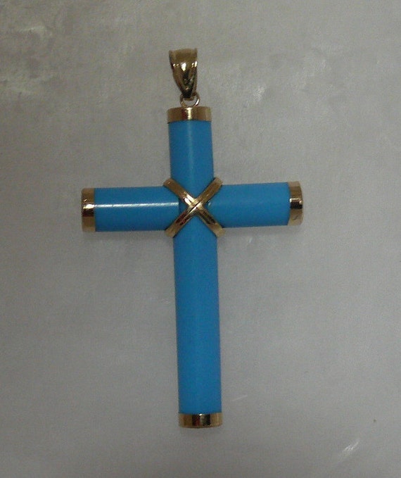 Reconstituted Turquoise Cross Pendant 14k Yellow Gold