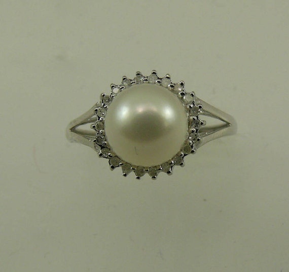 Freshwater White 8.1 mm Pearl Ring with Diamonds 14k White Gold