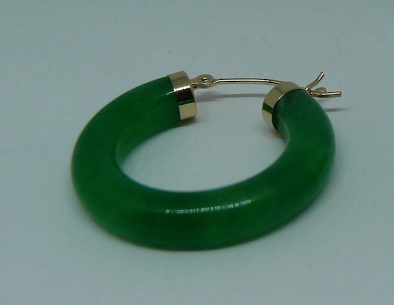 Green Jade 4.4 mm x 25.0 mm Hoop Earrings 14k Yellow Gold