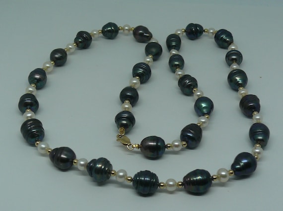 Freshwater White & Black Pearl Necklace with 14k Gold Filled Beads and Clasp