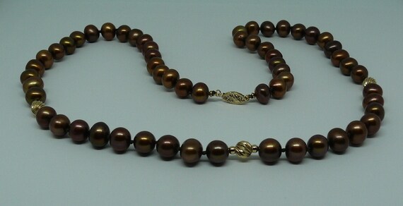 Freshwater Chocolate Necklace 14k Yellow Gold Beads and Clasp 21 1/2 Inches