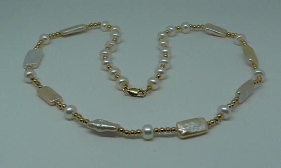 Freshwater White Pearl Necklace with 14k Gold Filled Beads & Clasp