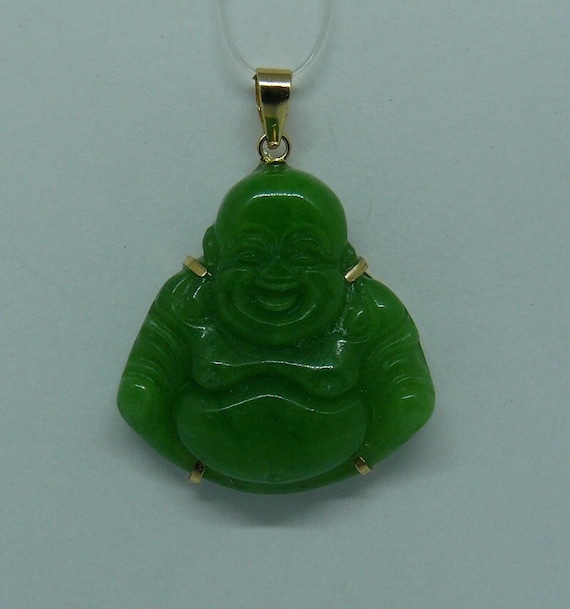 Green Jade Buddha Pendant 14k Yellow Gold
