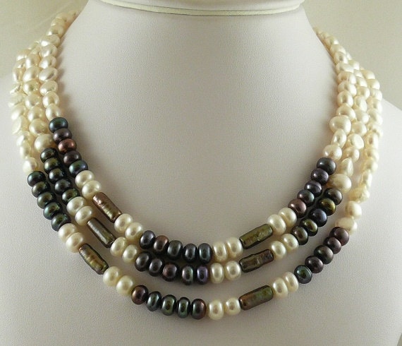 Freshwater Multicolor Pearls Triple Strand Necklace and Goldfilled Clasp 17 1/4"