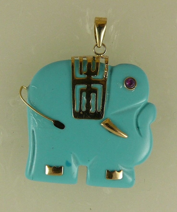 Reconstituted 22.8 mm x 22.5 mm Turquoise Elephant Pendant with 14K Yellow Gold