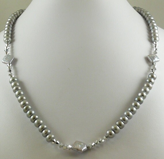 Freshwater Grey Pearl Necklace with Comet Crystal 34 Inches