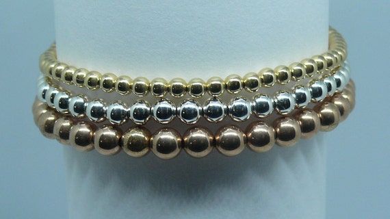 3, 4 & 5mm 14K Yellow, Rose Gold Filled, Silver Beaded Stackable Bracelets 6.5"