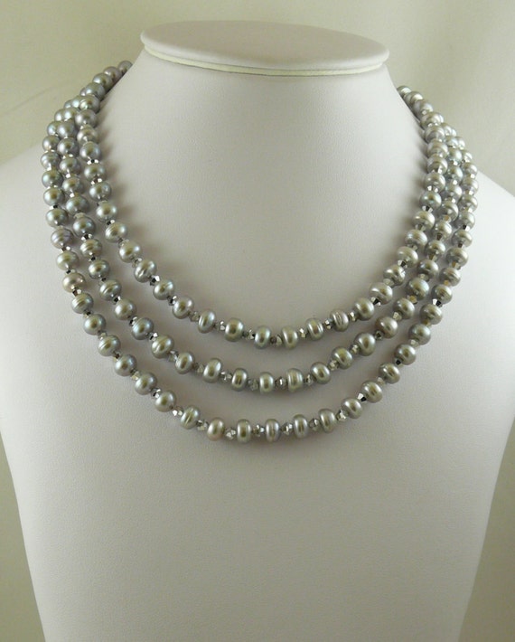 Freshwater Gray Pearl Nested Necklace with Austrian Crystal and Sterling Silver