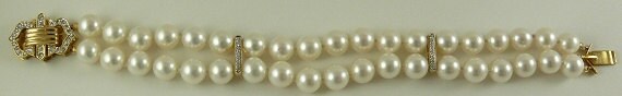 Freshwater Pearl Double Strand Bracelet with14k Yellow Gold Diamond Bars & Clasp