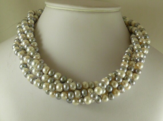 Freshwater White and Gray Pearl Necklace With Silver Clasp 18" Long
