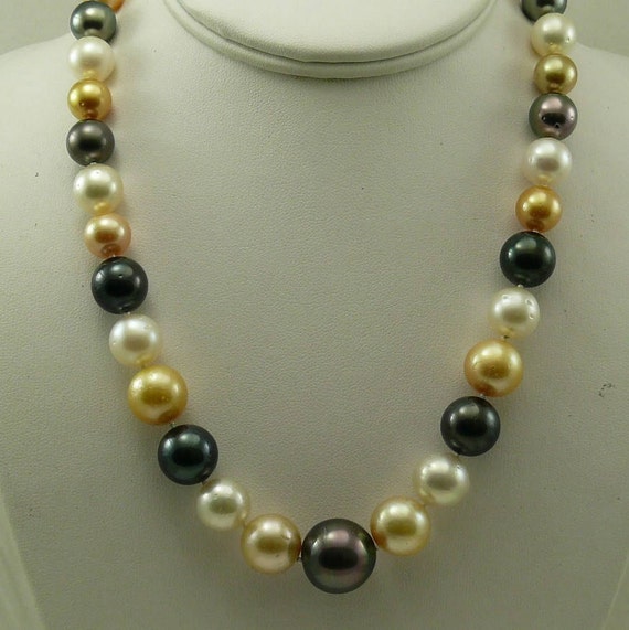 South Sea Multi-color Round Pearl Necklace 14k Yellow Gold Clasp