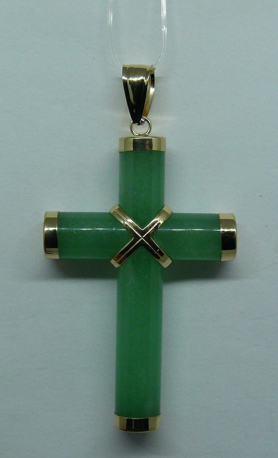 Green Jade Cross Pendant with 14k Yellow Gold