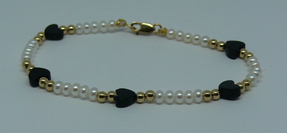 Freshwater White Pearl & Onyx Bracelet with 14k Yellow Gold-Filled Beads and Clasp