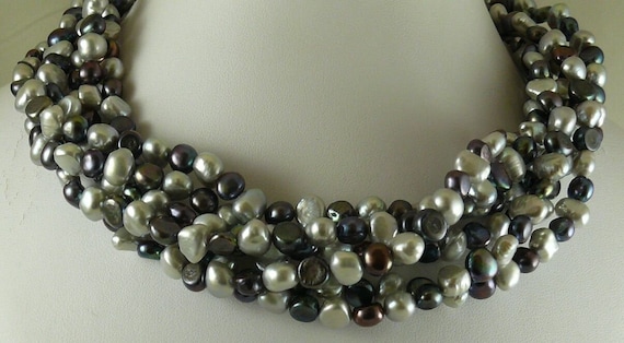 Freshwater Black & Gray Pearl Chocker Necklace with 14k White Gold Clasp