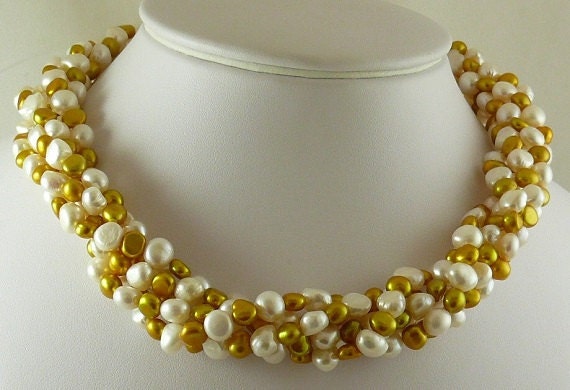 Freshwater White and Golden Pearl Choker Necklace with Sterling Silver Clasp