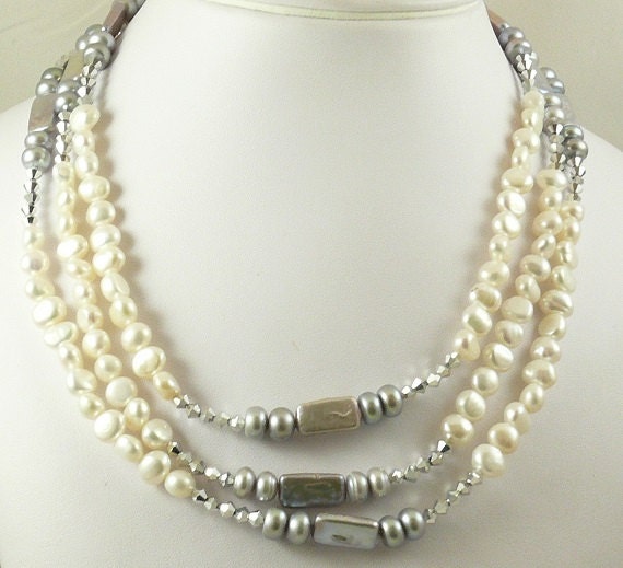 Freshwater White and Gray Rondel Pearl and Austrian Crystal Triple Strand Necklace 18" Long