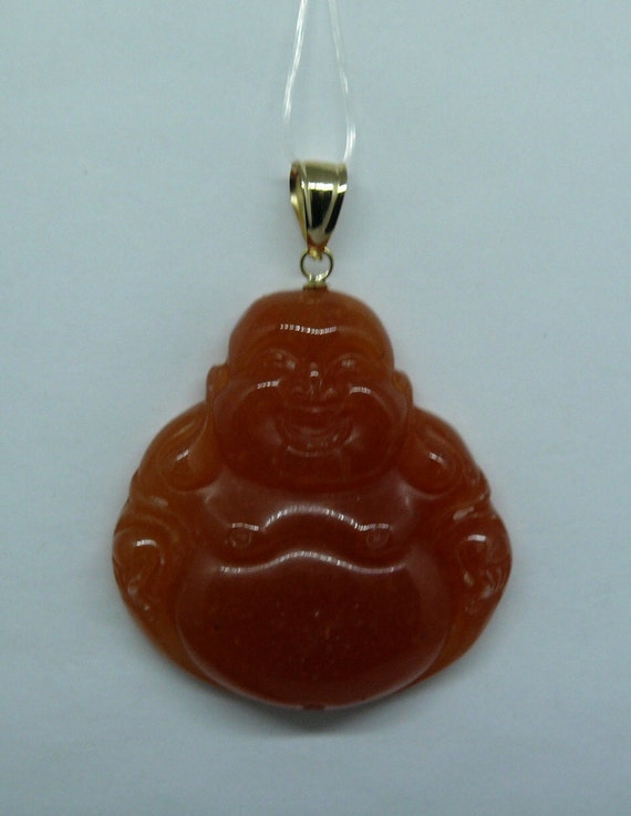 Orange Jade Buddha Pendant 14k Yellow Gold