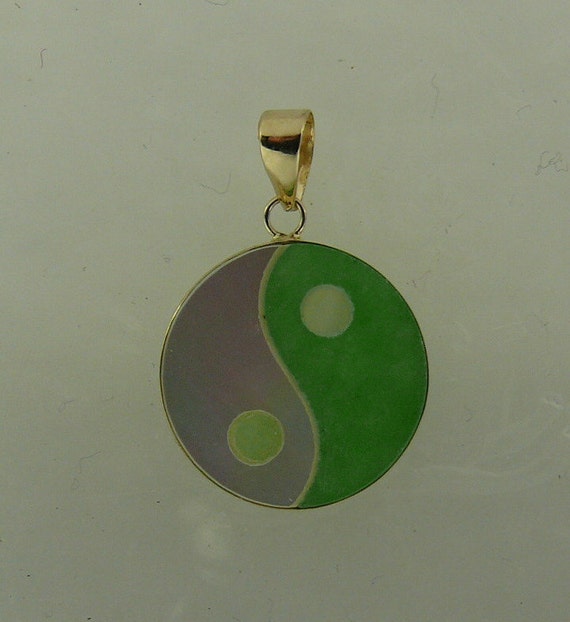 Green Jade and Mother of Pearl Yin Yang Pendant 14k Yellow Gold