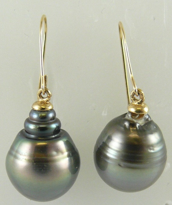 Tahitian Black Pearl Earrings 11.4 mm x 14.7 mm 14k Yellow Gold Hook