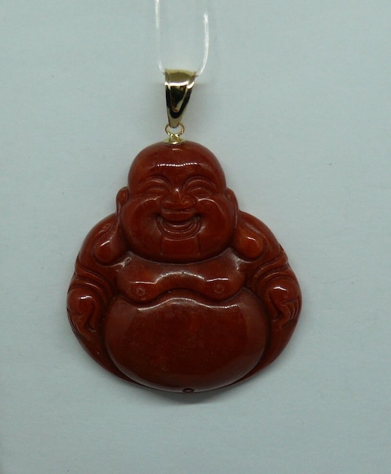 Red Jade Buddha Pendant 14k Yellow Gold