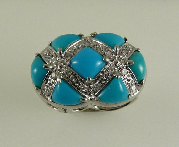 Reconstituted Turquoise Ring with Diamonds 0.14 ct 14k White Gold