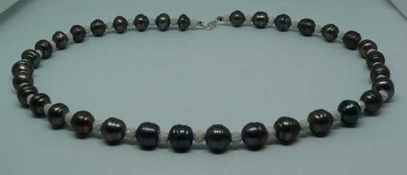 Freshwater Black Pearl Necklace with Sterling Silver Beads & Clasp