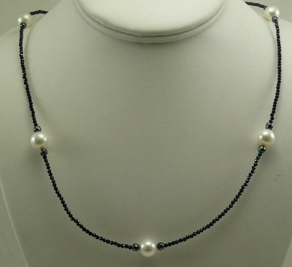 Freshwater White Pearl, Black Spinel and Hematite Necklace with Silver Clasp 36"