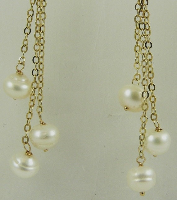 Freshwater White Pearl Triple Strand Hanging Earring 14k Yellow Gold Leverbacks