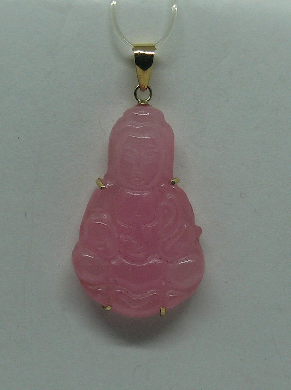 Pink Jade Lady Buddha Pendant 14k Yellow Gold