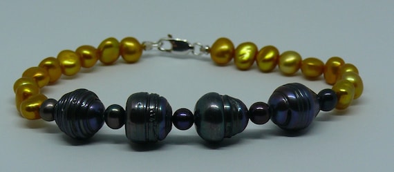 Freshwater Black & Golden Pearl Bracelet with Sterling Silver Clasp