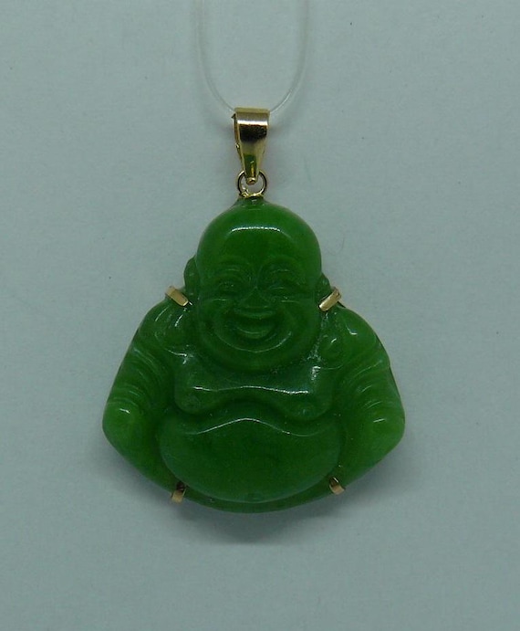 Green Jade Buddha Pendant 14k Yellow Gold