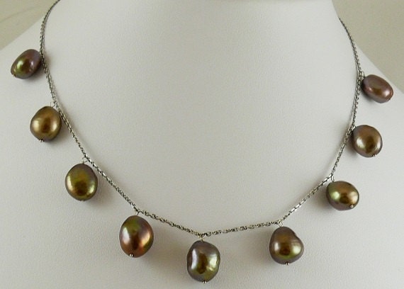 Freshwater Chocolate Nugget Shape Pearl Necklace 16" 14k White Gold Chain