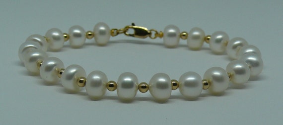 Freshwater White Pearl Bracelet with 14k Yellow Gold-Filled Beads & Clasp