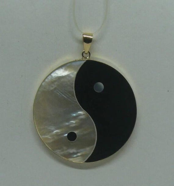 Black Onyx and Mother of Pearl Yin Yang Pendant 14k Yellow Gold