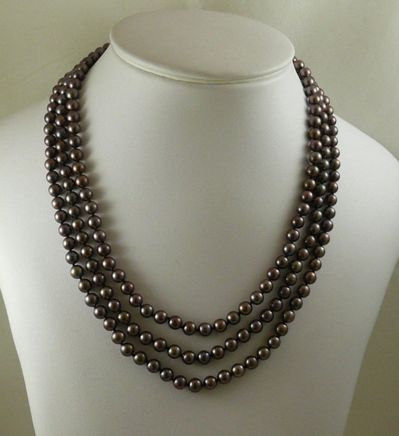 Akoya Black Pearl Triple Strand Necklace with 14k White Gold Clasp