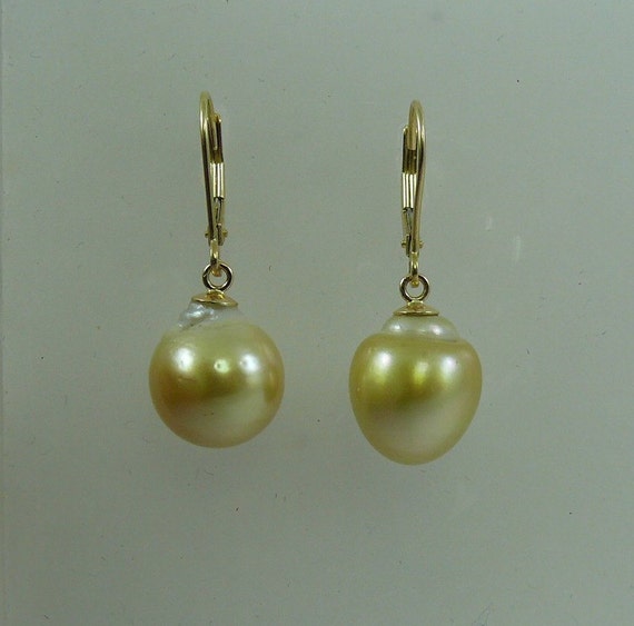 South Sea Golden Baroque Pearl Earring 14K Yellow Gold Lever Back