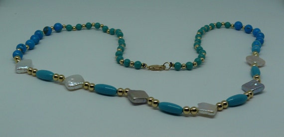 Reconstituted Turquoise, Freshwater Pearl & Howlite Necklace 14k Gold Filled Beads and Lobster Lock