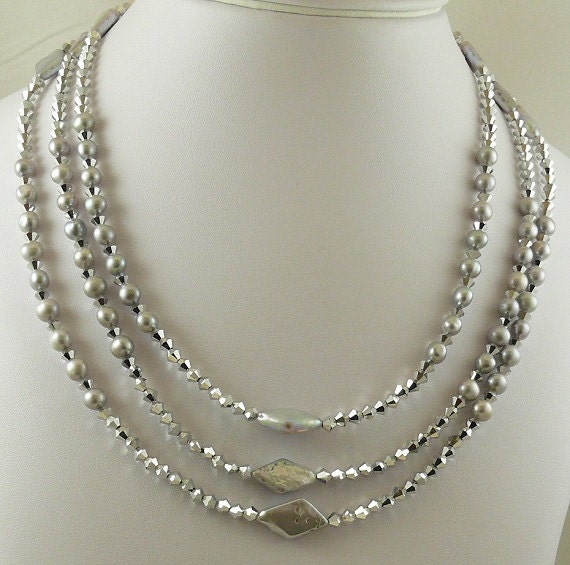 Freshwater Gray Pearls & Austrian Crystal Nested Necklace Sterling Silver Clasp