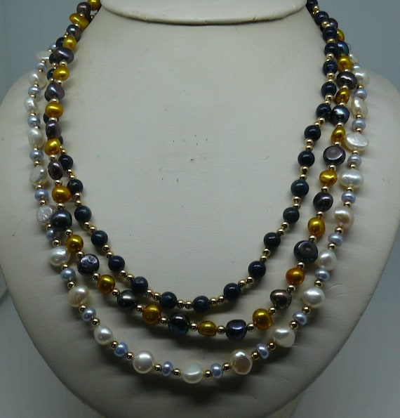 Freshwater Pearls and Semi Precious 3 Necklaces with 14k Gold Filled Beads & Clasp