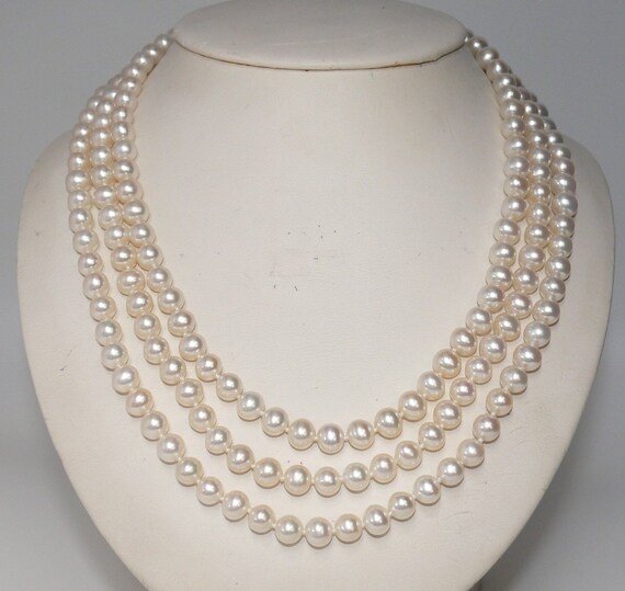 Freshwater White Pearl Triple Strand Necklace with 14k White Gold Clasp