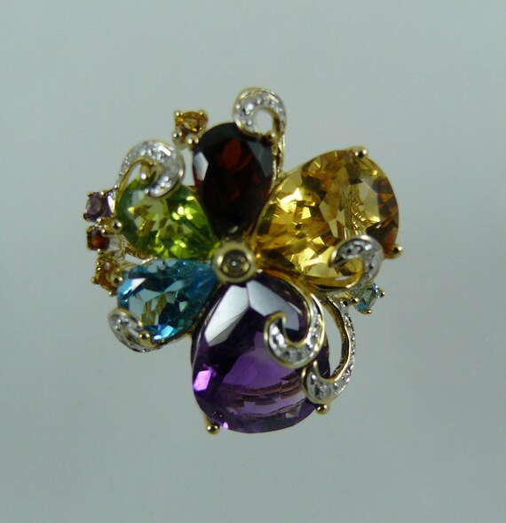 Multi-Color Gemstone Ring, 14K Yellow Gold and Diamonds 0.06ct